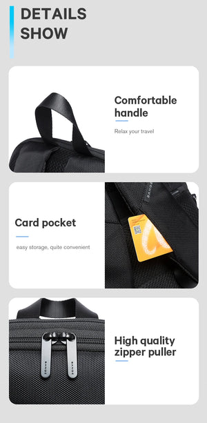 Black backpack with comfort handle, card pocket, and high-quality zipper pulls
