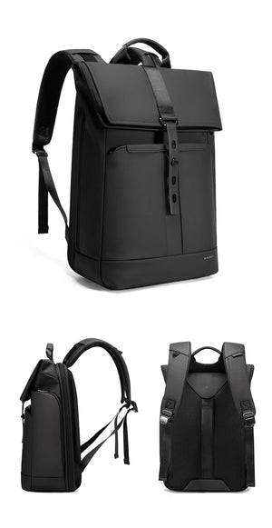 Black travel backpack with top handle, side zipper pocket, and back straps