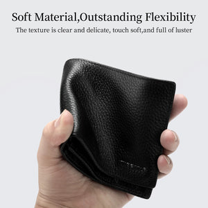 Black genuine leather trifold wallet held in hand, pebbled texture and logo.