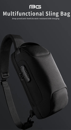 Black multifunction sling bag with zip front pocket and adjustable shoulder strap