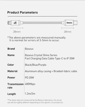 BASEUS Crystal Shine Series 20W USB-C to Lightning Fast Charging Cable