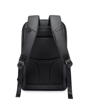 Black backpack back view with padded straps and textured breathable back panel