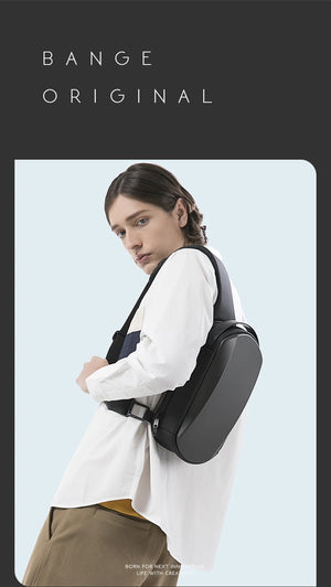 Black compact crossbody sling bag with adjustable strap and smooth rounded body