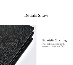 Black leather wallet close-up showing fine stitching along the edge