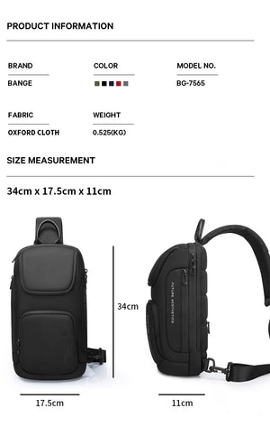 Black compact crossbody bag with front and side view size illustration