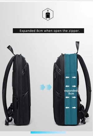 Expandable dark business backpack with front zipper pocket and padded shoulder straps