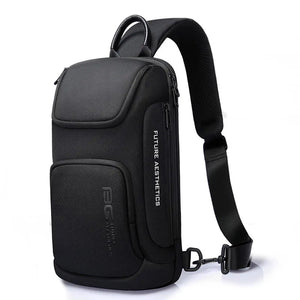Black compact waterproof crossbody bag with flap top pocket and front zip compartment