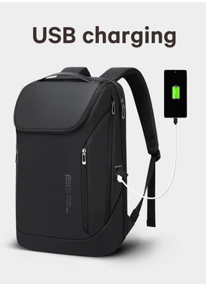Black waterproof travel backpack with USB charging port and front zip pocket
