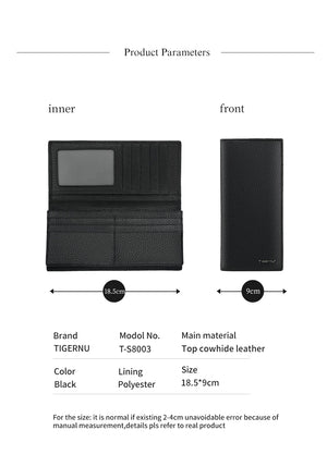 Black leather long wallet diagram with inner layout and size about 18.5 x 9 cm