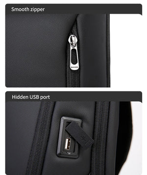 Black backpack zipper and hidden USB charging port with cable connection
