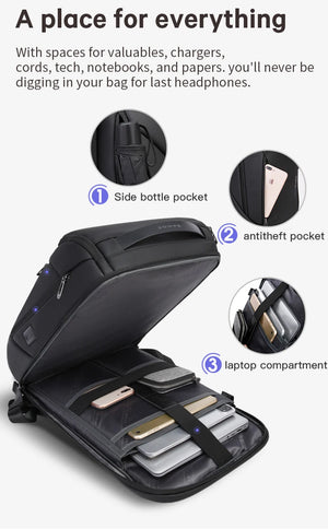 Black backpack with open storage, side bottle pocket, and laptop compartment