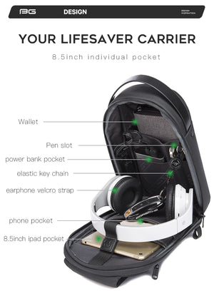Crossbody sling bag open showing multiple storage pockets and built-in accessory areas