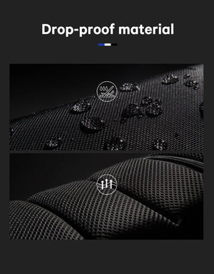 Black compact waterproof crossbody bag material close-up with textured, drop-proof fabric