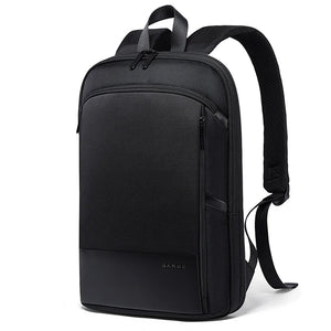 Black business mini backpack with top handle, front zipper pocket, and side strap