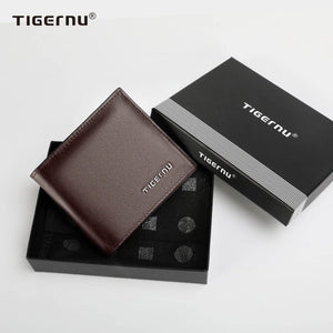 Slim PU leather wallet/card holder in brown and black with Tigernu logo, in box set