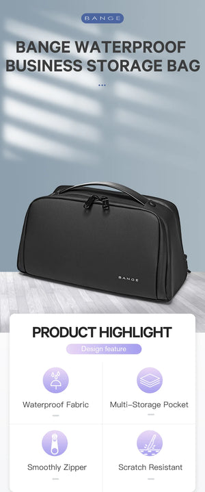 Black waterproof business storage bag with top handle and centered zipper front, compact size.
