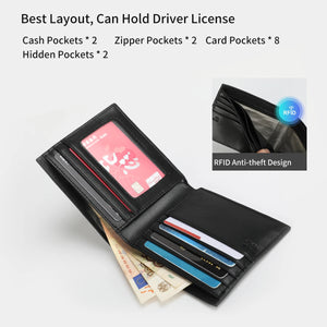 Black wallet/card holder open view showing card slots and cash pocket, RFID badge