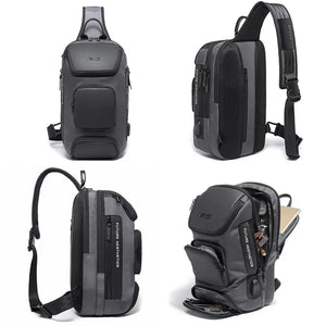 Black compact crossbody sling bag shown from multiple angles with front organizer pockets