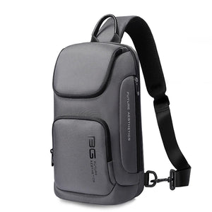 Compact waterproof crossbody bag, grey with front pocket and adjustable strap