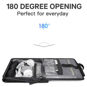 Black backpack opened flat to show interior storage compartments