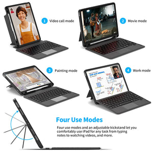 Bluetooth keyboard case in multiple viewing angles, dark cover with attached keyboard