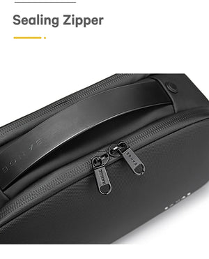 Black sealed zipper toiletry bag with dual metal zipper pulls