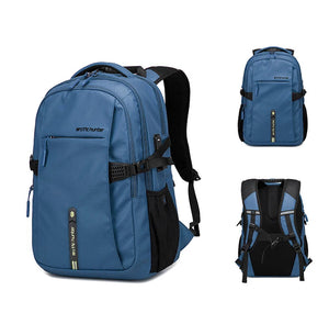 Blue travel backpack with padded straps, front zip pocket, and mesh back support