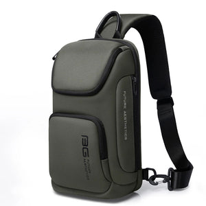Olive green compact waterproof crossbody bag with front flap and adjustable strap