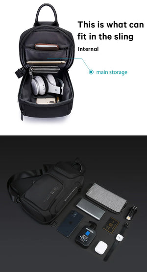 Black compact crossbody bag open to show interior storage and multiple organizer slots