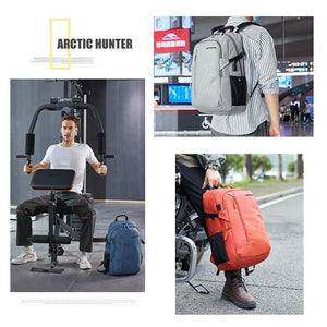 Travel backpack worn by person outdoors; large front pocket and adjustable straps
