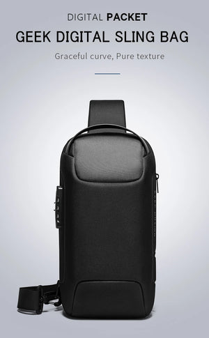 Black waterproof crossbody sling bag front view with padded top and side zipper