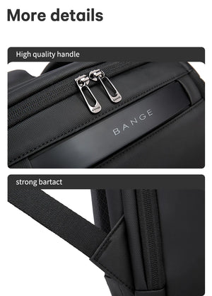 Black backpack with reinforced handle strap and stitched front pocket with BANGE text
