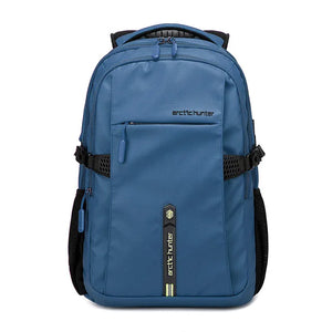 Blue travel backpack with front organizer panel and vertical zipper pocket