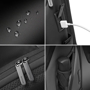 Waterproof backpack fabric with zipper pulls and USB charging port cable detail