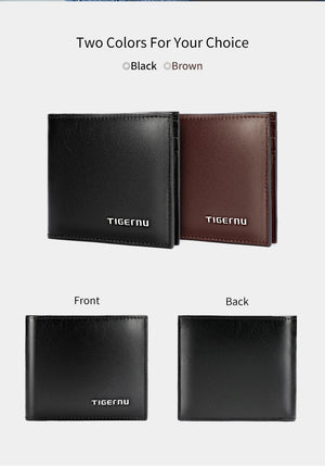 Slim PU leather wallet/card holder shown in black and brown, front and back views