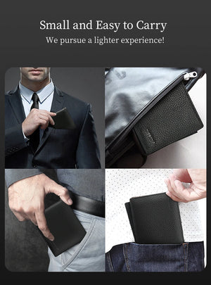 Black leather wallet in hand and clipped inside pants for easy carry.