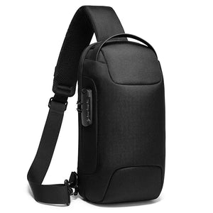 Black waterproof crossbody sling bag with adjustable shoulder strap and front zip pocket