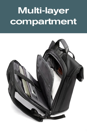Black multi-layer travel backpack with front organizer compartments