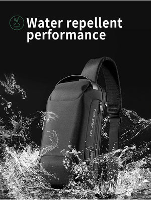 Black waterproof crossbody bag with textured surface and adjustable shoulder strap