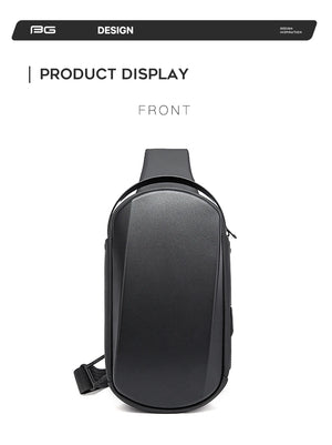 Black compact crossbody sling bag with curved front and top handle