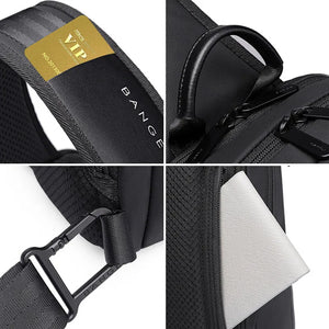 Black textured shoulder strap and carry handle with BANGE branding detail.