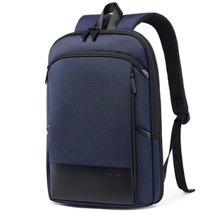 Expandable waterproof business backpack, blue, front zip pockets and padded back panel