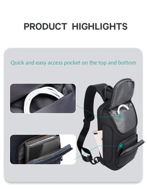 Black compact crossbody bag with top and front pockets, shown in product highlights