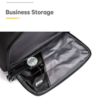 Black toiletry bag open to lined interior with elastic pockets and divider