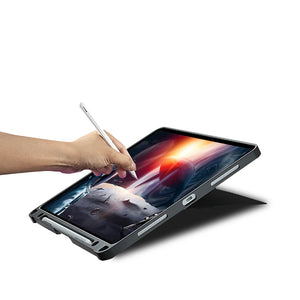 Bluetooth keyboard case with keyboard and kickstand, dark cover while writing