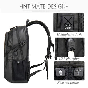 Black backpack with USB charging port, headphone jack, and side net pocket