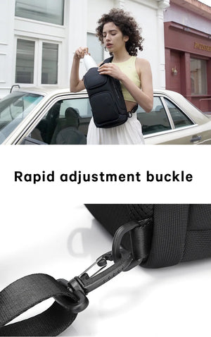 Black compact crossbody bag with adjustable buckle on the webbing shoulder strap
