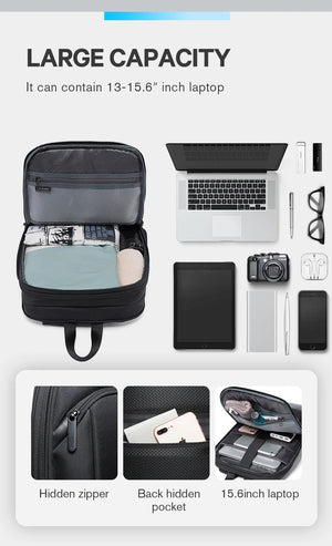 Expandable waterproof business backpack open interior with laptop and small accessories layout