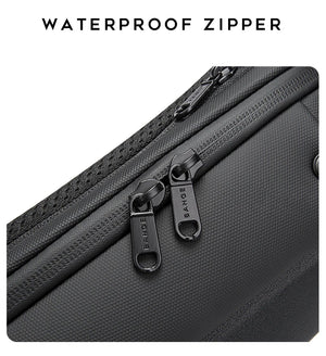 Waterproof zipper close-up on a dark crossbody sling bag with metal zipper pulls