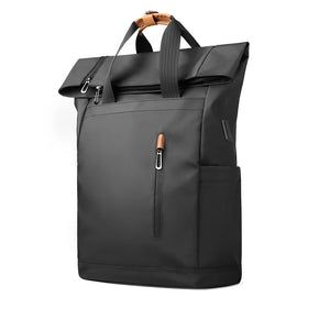 Black roll-top waterproof travel backpack with front zip pocket and side pocket detail.